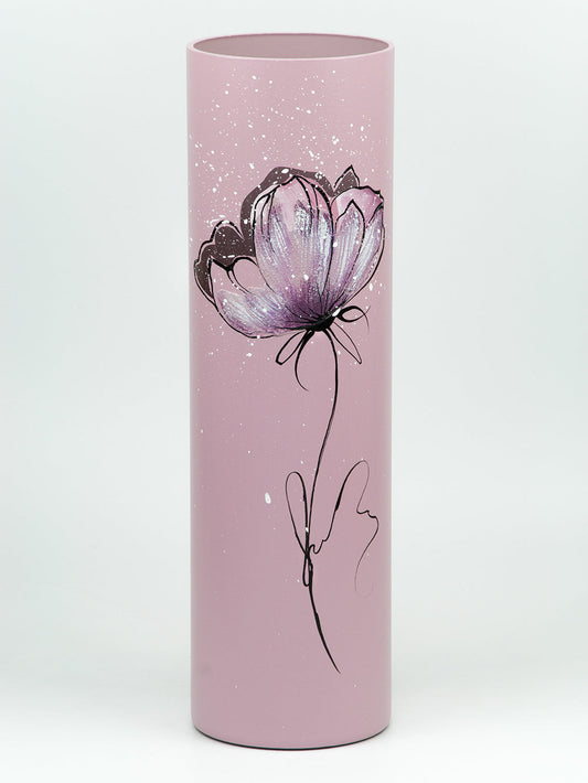 Rosa håndmalet cylinder glasvase med blomsterkunst – Unika dekorationsvase